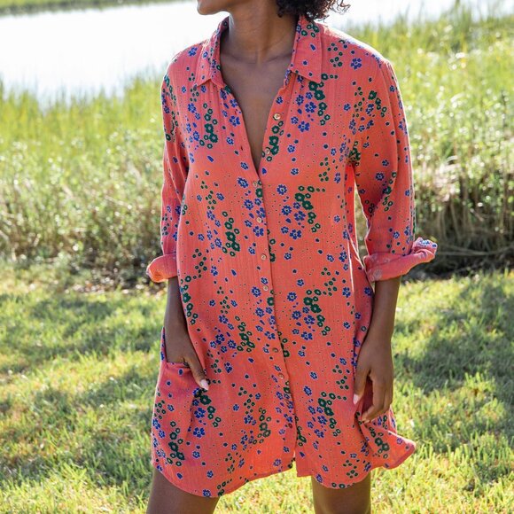 NATURAL LIFE Dresses & Skirts - Natural Life Georgia Cotton Gauze Shirt Dress XL Floral Coral Long Sleeve Boho